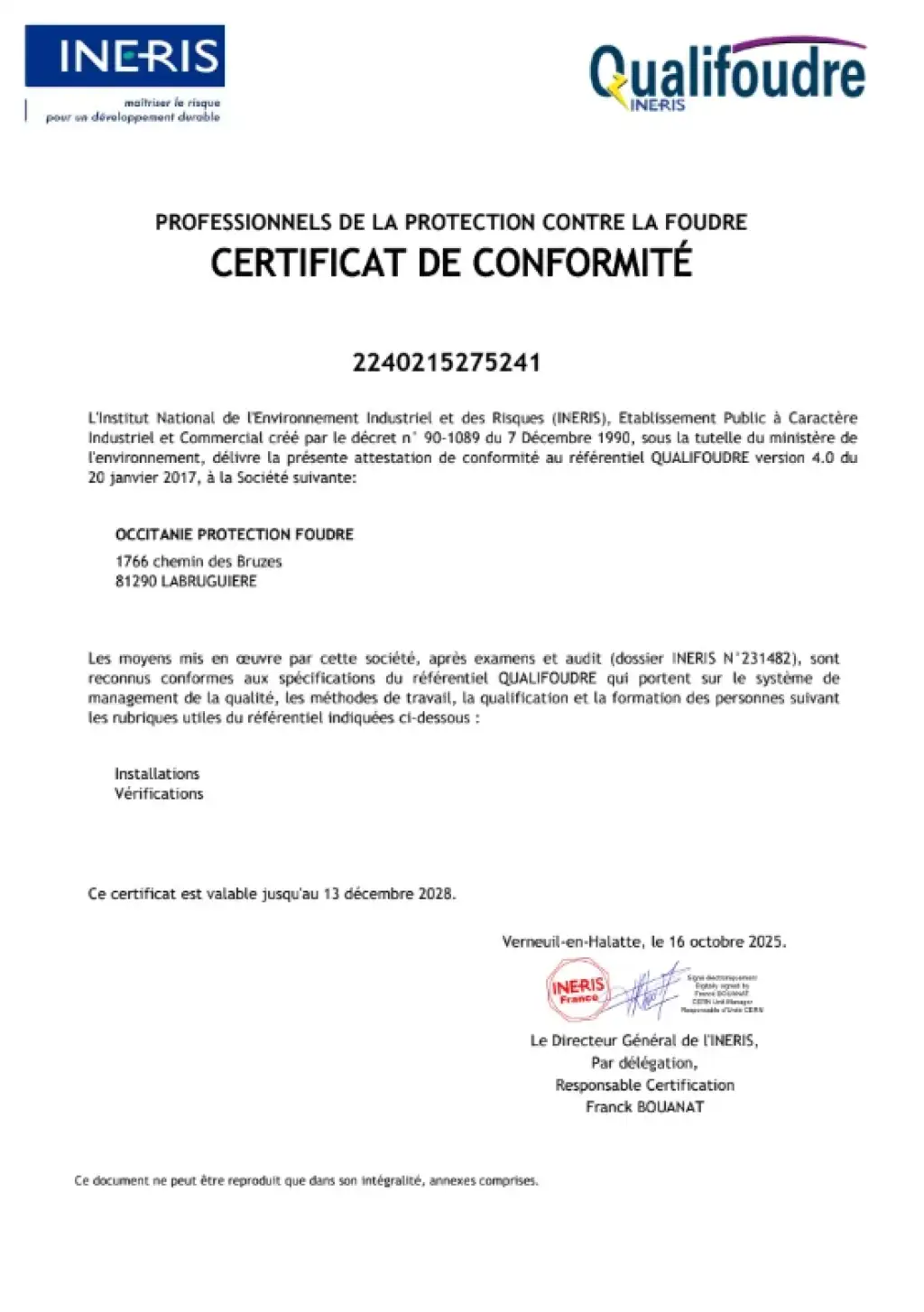 Certificat INERIS Qualifoudre pour Occitanie Protection Foudre, valide jusqu'en 2028, installations et vérifications.
