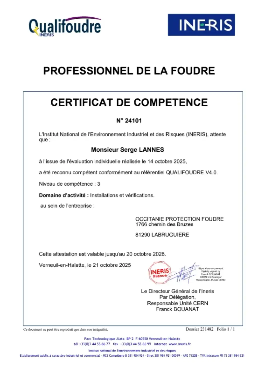 Certificat Qualifoudre INERIS de Serge Lannes, niveau 3, installations et vérifications, valide jusqu'en 2028.