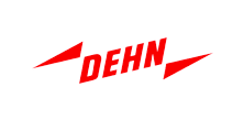 Logo DEHN Rouge : Solutions Protection Foudre et Surtension Logo DEHN rouge sur fond blanc encadré par deux éclairs stylisés.