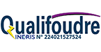Logo Qualifoudre - Certification INERIS Protection Foudre Logo Qualifoudre bleu avec éclair jaune et mention INERIS N° 224021527524.