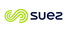 Logo Suez : leader mondial de la gestion de l'eau Logo Suez : symbole infini vert strié et texte bleu marine.