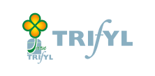 TRIFYL : Logo officiel de gestion des déchets et tri Logo TRIFYL avec trèfle jaune et vert et lettrage bleu stylisé.
