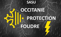 SASU Occitanie Protection Foudre : Expert Paratonnerre Logo SASU Occitanie Protection Foudre sur fond d'orage avec éclair jaune et croix occitane stylisée.